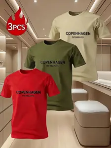 Men's Casual Slim-Fitting Short Sleeve T-Shirt Set, Copenhagen Denmark Print Summer Wear, Comfortable Daily