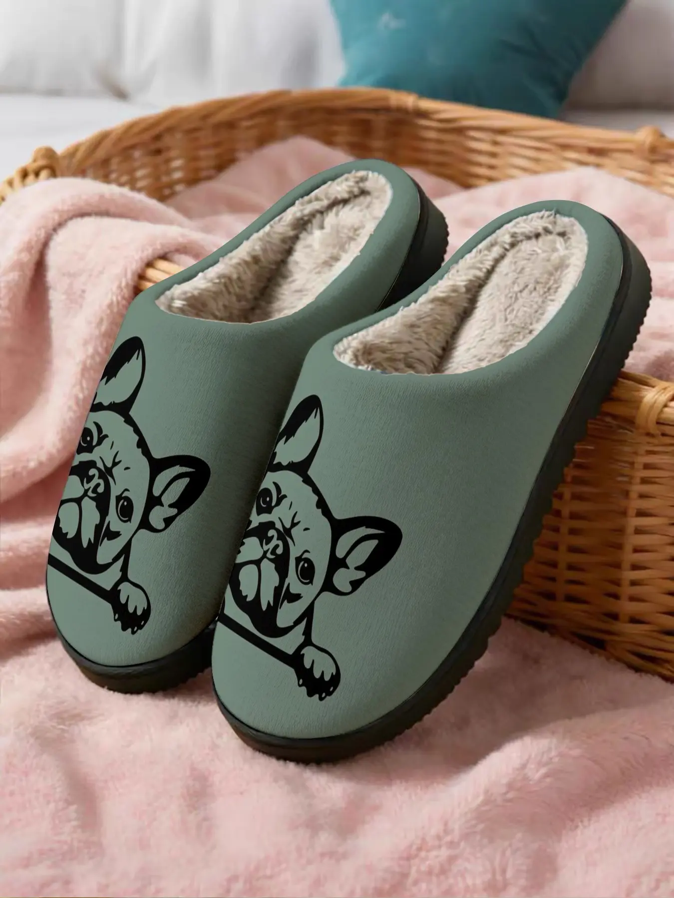 Cute French Bulldog Cotton Slippers, Light Base with Cartoon Design, Soft Plush Lining, Casual Home Wear, Cozy House Shoes for Fall & Winter