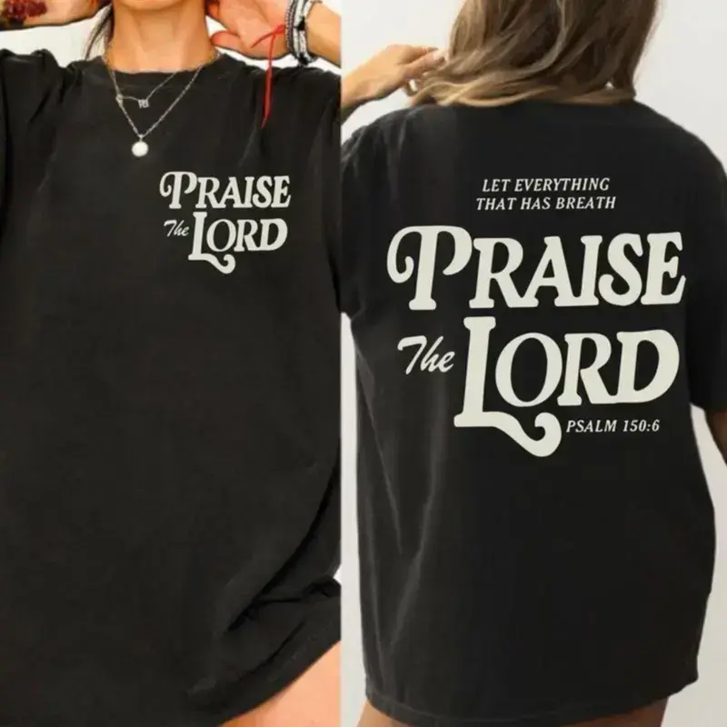 Women's Praise the Lord Graphic T-Shirt, Casual Christian ShortSleeve Tee in Soft Cotton Fabric, Seamless Loose Fit with Ribbed Crew Neck