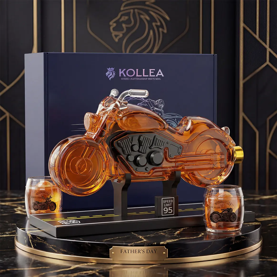 Kollea Motorcycle Whiskey Decanter Set with Luxury Gift Box,Man Cave Bar Accessories,2 Matching Glasses,Home Bar Liquor Dispenser,Gifts for Father,Boyfriend,Birthday&New Year&Anniversary,Biker Lovers,Empty Decanter,Safe Glass Material,sohochic sohochic