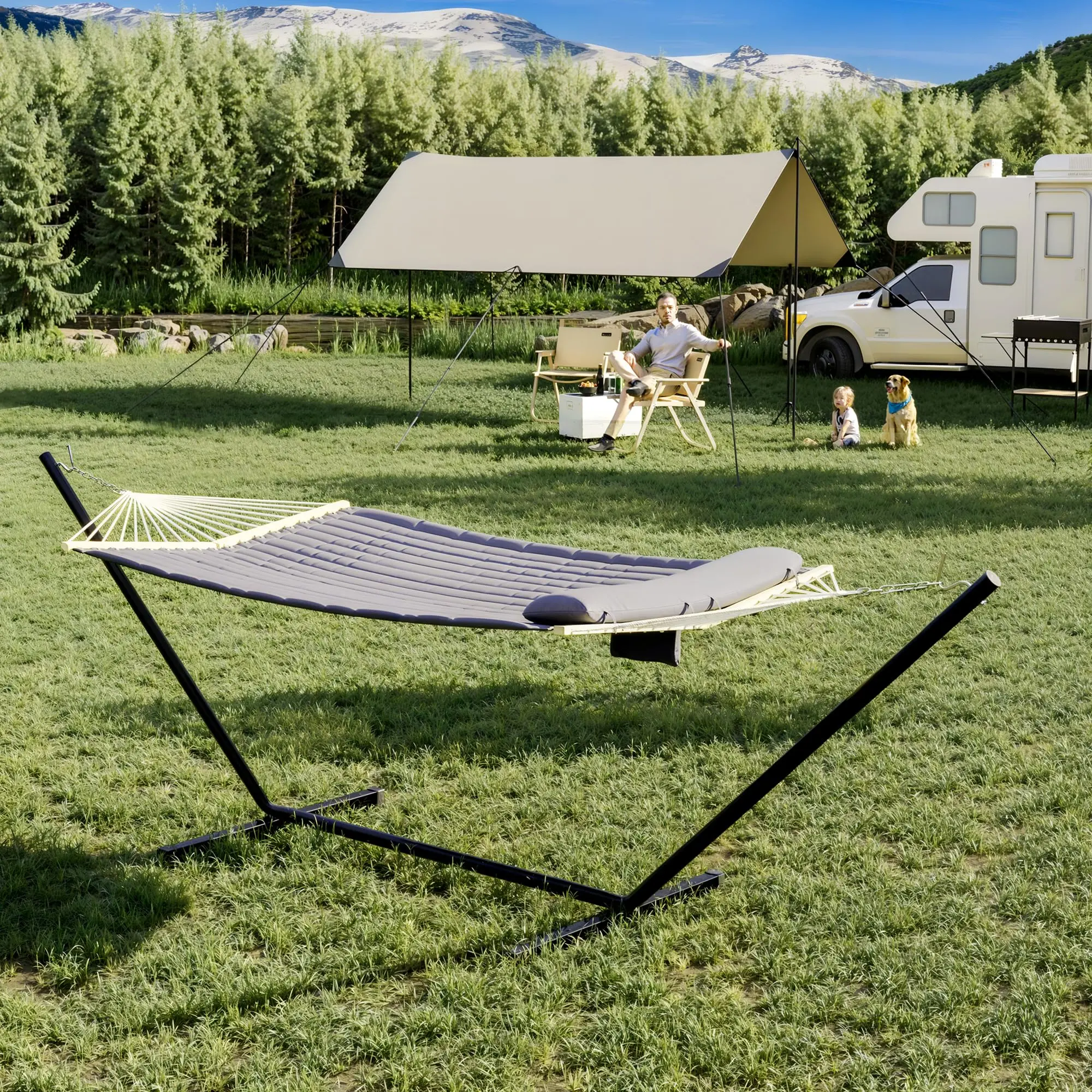 Double Hammock, v‑Shaped Wooden Arc Stand, Curved Design, Padded Polyester & Steel Frame, 144"l x 55"w, Indoor Outdoor Use