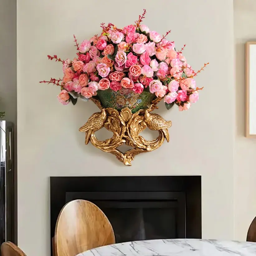 Homary Gold Carving Medieval Silk Artificial Flowers Bouquet in Vase - European-Style Luxury Light Decorative Lifelike Wall Ornaments for Home Room, Gold Artificial Flowers