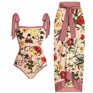 French Retro Tie Strap Reversible Printed Swimsuit, Modest Tummy Control & Hip Coverage, 2-Piece Set with Long Wrap Skirt