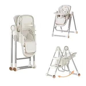 Baby High Chair for Babies & Toddlers, Height Adjustable Highchair with Wheels, Removable Double Tray, Portable Folding Baby Dining Chair with 5-Point Harness, Easy Clean Padded Seat aesthetic  high  chair