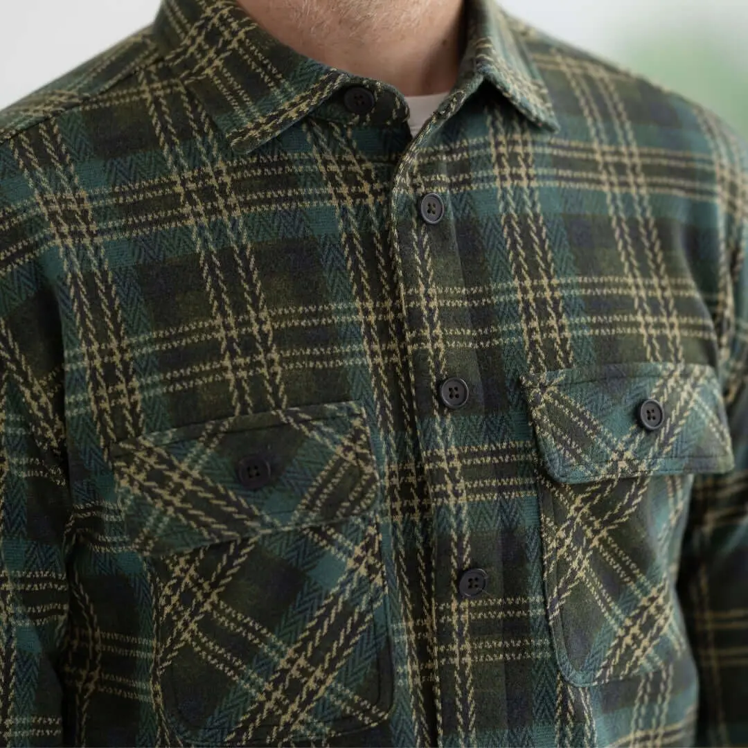 Magnetic Closure Flannel Shirt in Olive Plaid