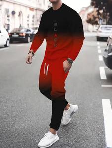 Gradient color men's two-piece set, casual round neck long sleeved T-shirt and drawstring sports pants set, suitable for autumn and winter, casual men's clothing
