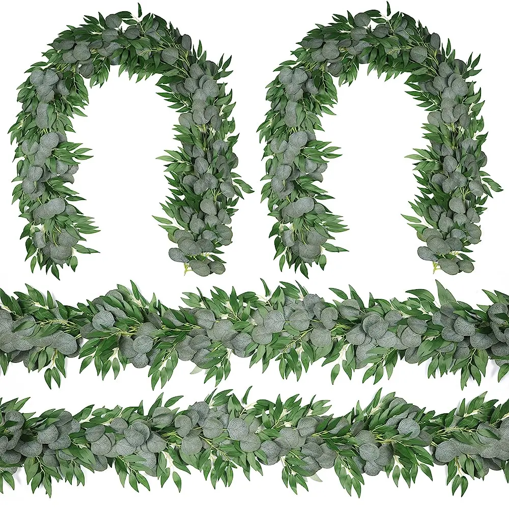 4 counts 6.5 Feet Artificial Silver Dollar Eucalyptus Leaves Garland with Willow Vines Twigs Leaves String for Doorways Greenery Garland Table Runner Garland Indoor Outdoor.