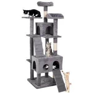 Cat Climbing Frame，Tall Cat Tree for Indoor Cats, Modern Cute Climbing Play Tower with Top Perch for Large Kittens, Multi-Level Cat Activity Tree Scratching Posts,  Cat house, Grey