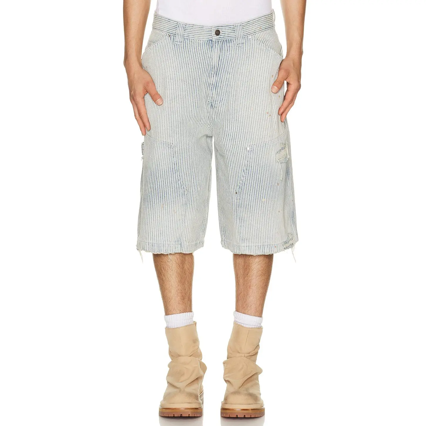 Jaded London Distressed Pinstripe Carpenter Jorts in Blue
