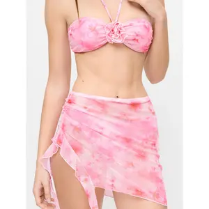 Cider Floral Halter Neck Bandeau Top & Low Rise Bikini Bottoms With Ruffled Wrap Skirt 3-Piece Bikini Set SwimWeek