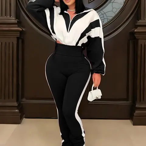 Women's Casual Patchwork Fitted Long Sleeve Crop Top, High Waist Pants, Regular Length, Thin Fabric Thickness, Fall & Winter Fashion, Two Pieces Outfits, S391403 Outfit, Womenswear, Clothes