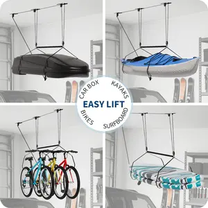Heavy Duty Rooftop Cargo Box Garage Pulley System, Ceiling Storage Hoist Kit for 10-14 ft Ceilings, 200LBS Capacity with Dual Fixed‑Point Design, Adjustable Lifting Straps, Space-Saving Overhead Mount, Ideal Ceiling Mounted Storage Racks