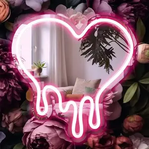Heart Shaped Neon Sign Mirror, 1 Count USB Powered Neon Wall Hanging Makeup Mirror, Decorative Neon Sign for Home, Room, Tattoo Shop, Illuminated Mirror