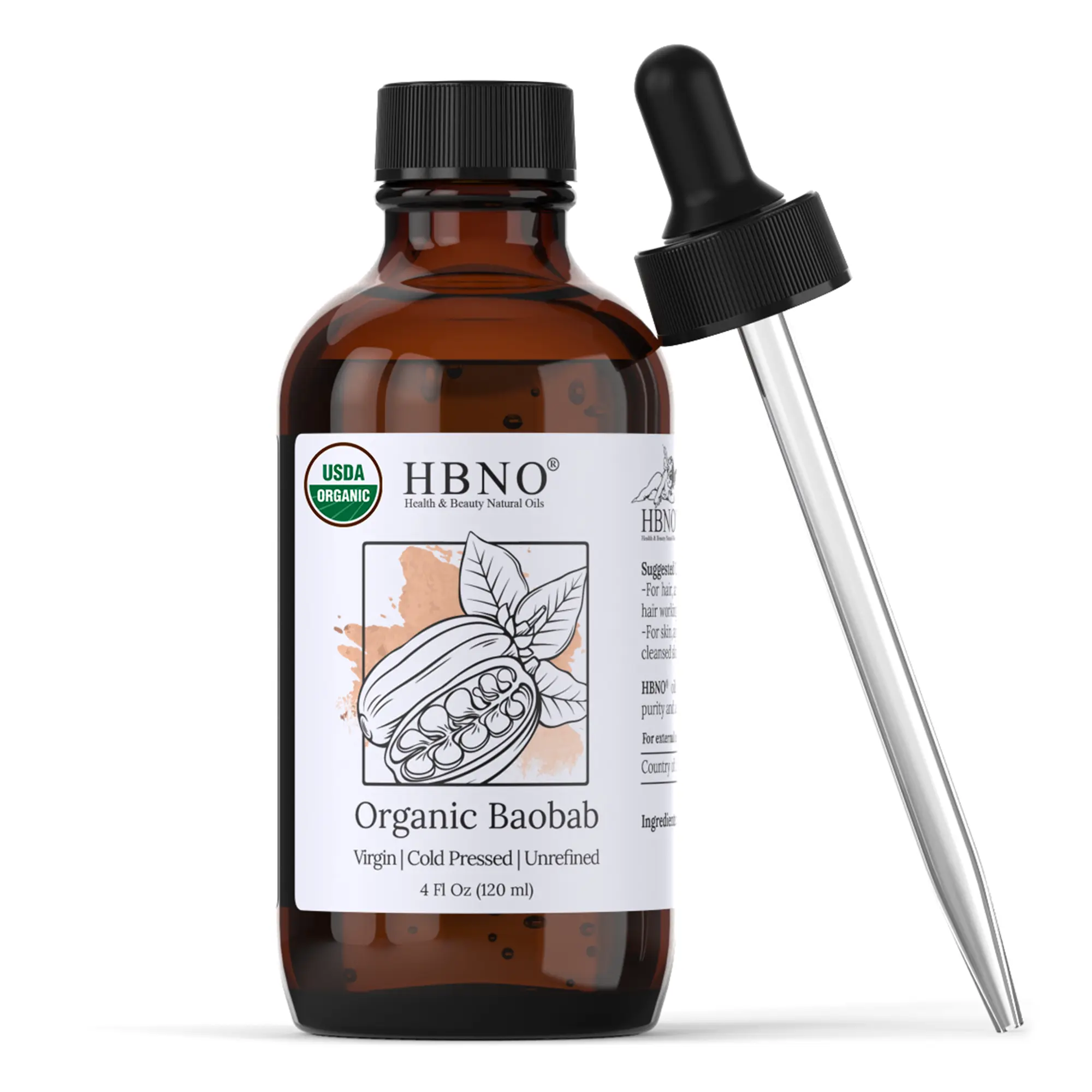 HBNO Organic Baobab Carrier Oil Virgin Cold Pressed 4 fl oz Nourishing for Skin & Hair South Africa Origin Botanical Adansonia Digitate Seed Oil