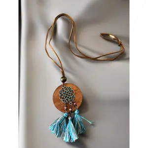 Allure Collection: Brown Wood and Blue Tassel Necklace