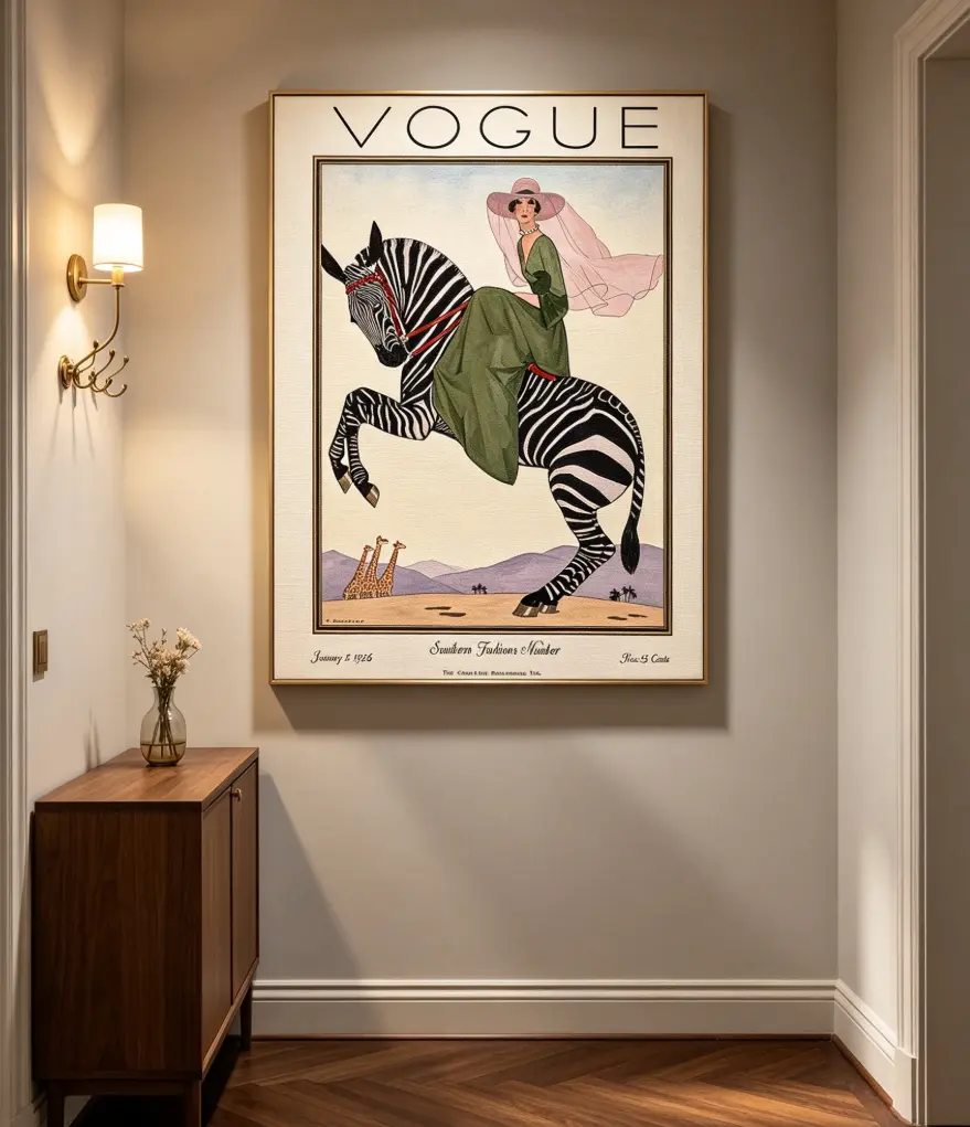 1926 Vogue Zebra Green Dress Art Deco Vintage Fashion Printable Wall Art, Eclectic Home Decor Magazine Cover Poster, Housewarming Gift, Eclectic Decor, Wood Frame