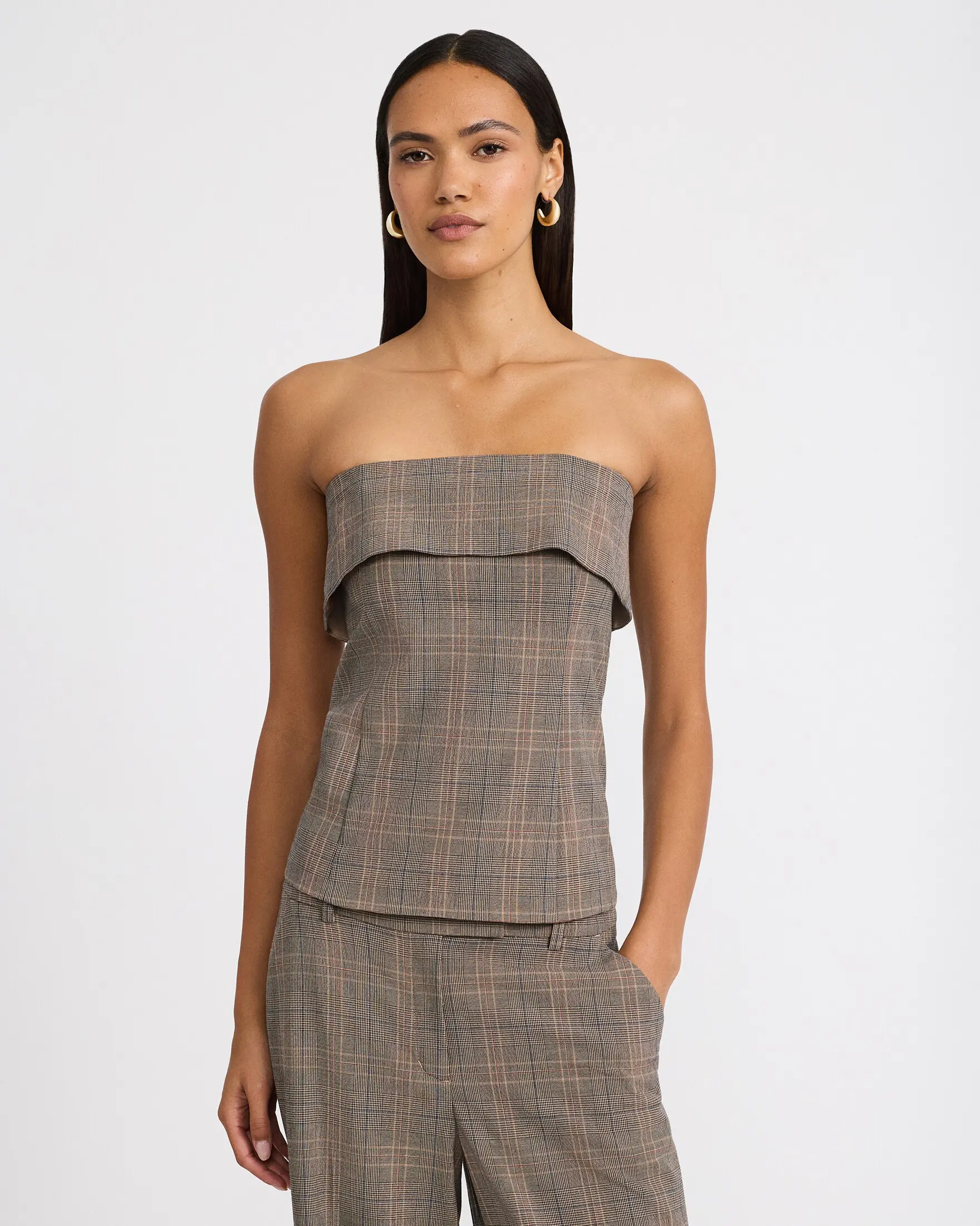 Express Plaid Fold Over Strapless Tailored Tube Top