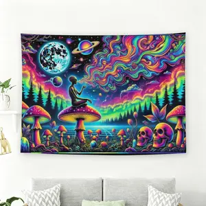 Trippy Alien Mushroom Planet Psychedelic Wall Flag, Black Light UV Reactive Tapestry, Neon Colorful Room Decor