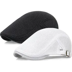 2 Pack Men's Mesh Cap Breathable Summer Newsboy Hat Adjustable Beret Ivy Cap Irish Cabbie Driving Hunting Hats