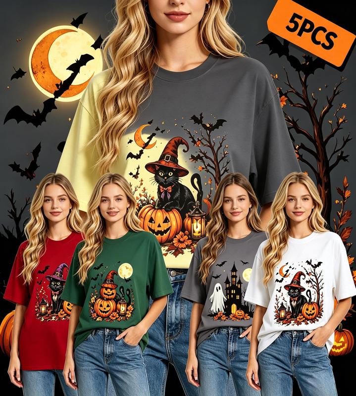Women's Halloween 5-Pack Graphic T-Shirts - Boho Cute Breathable Short Sleeve Tops, Loose-Fit Oversized Crew Neck Tees with Black Cat, Pumpkin, Ghost, Haunted House Prints (Pumpkin Print Women's T-Shirts Inclusive)