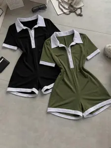 Women's 2-Piece Colorblock Lapel Design Waist Cinching Jumpsuit Set, Comfortable Casual Daily Commute, Sporty Outdoors Wear, Athletic Jumpsuits, Street Fashion Jumpsuit