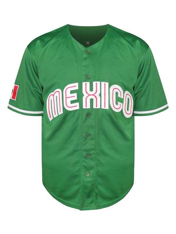 Men's Letter & Number Print Short Sleeve Mexico Baseball Jersey, Loose Sporty V Neck Baseball Top, Men's Sport & Outdoor Clothing for All Seasons, Boys Clothing Christmas gifts