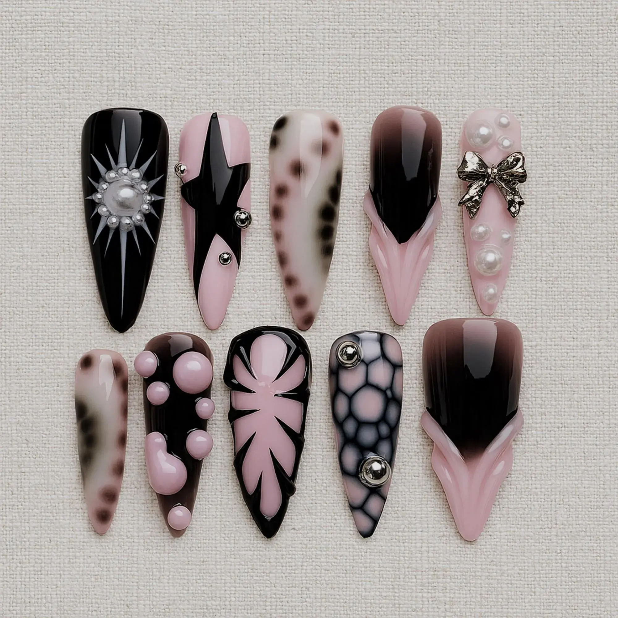 Nailchemy - Pink Black 3D Pearl Bow Press On Nails, Gothic Y2K Stiletto Nails, Luxury Handmade Long False Nails