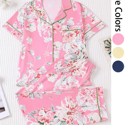 2 pieces of women's new print short sleeved pants pajama set with multiple pockets, suitable for all seasons, fashionable, comfortable, elegant and casual home wear