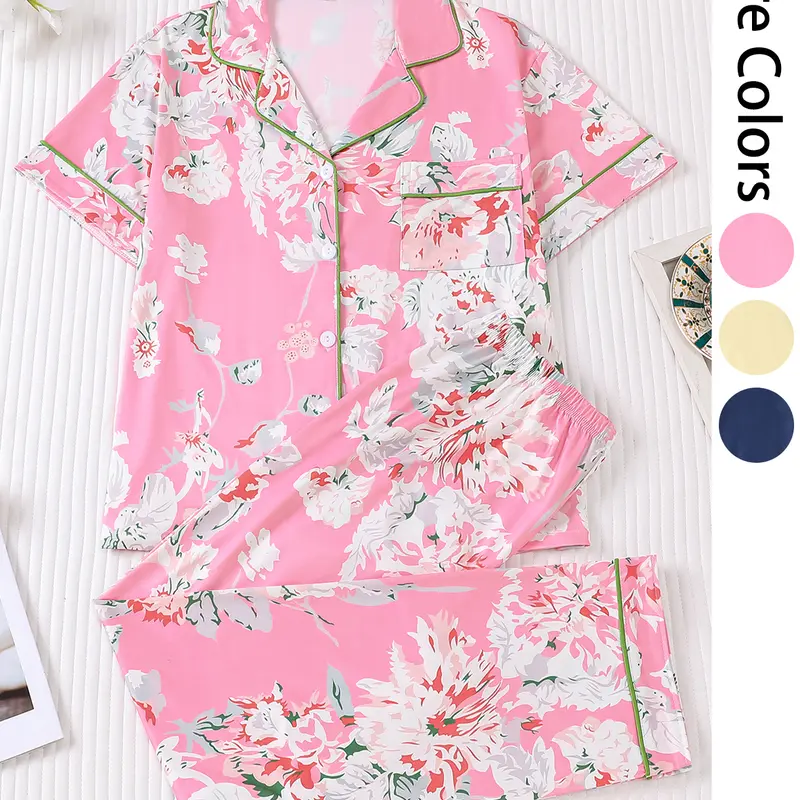 2 pieces of women's new print short sleeved pants pajama set with multiple pockets, suitable for all seasons, fashionable, comfortable, elegant and casual home wear