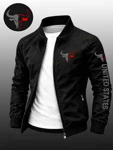 Men's Dual-Color Bull Print Lapel Sport Jacket, Fitted Design, Zipper Closure, Casual Outerwear for Spring & Fall, Versatile Styling