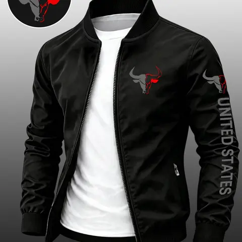 Men's Dual-Color Bull Head Print Casual Zip Up Jacket, Versatile Styling Fitted Outerwear for Spring & Fall, Menswear