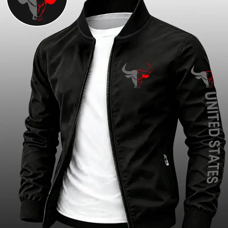Men's Dual-Color Bull Head Print Casual Zip Up Jacket, Versatile Styling Fitted Outerwear for Spring & Fall, Menswear