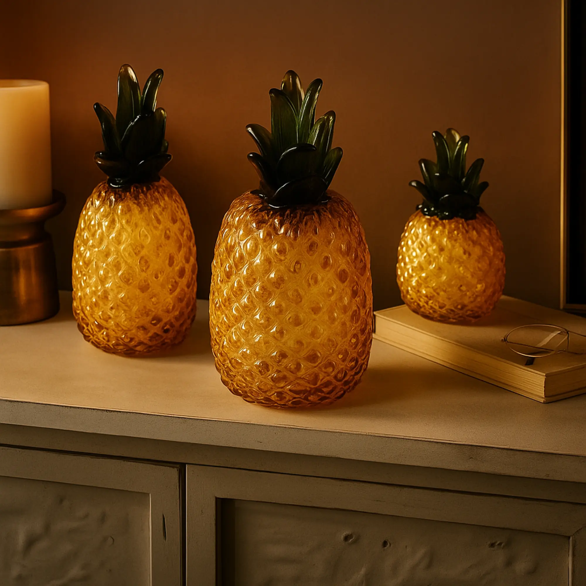 3-Piece Traditional Tropical Faceted Glass Orange Pineapple Decorative Sculpture Set, Home Decor Centerpiece, Ideal Gift for Table Display
