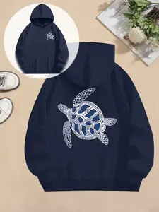 Women's Hooded Sweatshirt, Fall & Winter Casual Wear, Turtle Print Design, Vintage Ocean Style, Perfect for Daily
