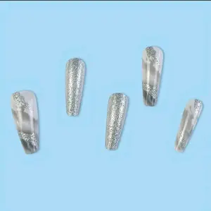 Extra Long Coffin Grey Marbled Sparkly 24 CT Press On Nails