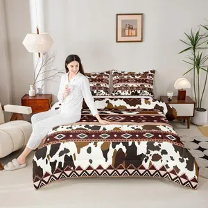 Cow Fur Print Quilt Set,Western Aztec Tribal Stripes Comforter Set, Brown Abstract Cow Skin Bedding Set,Kids Girls Adult Room Decor Rustic Animals