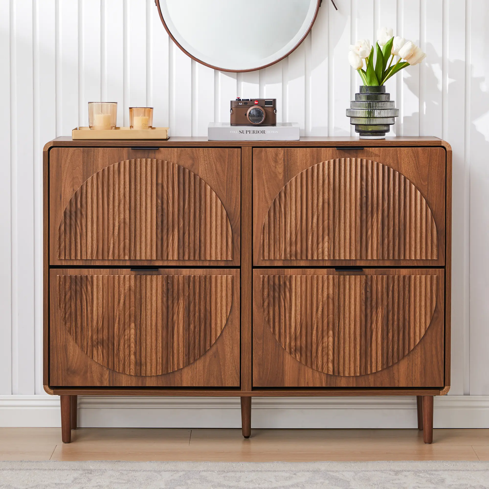 FurSch Mid-Century Modern Shoe Storage Cabinet with 2 Flip Drawers & 4 Drawers, Narrow Wooden Organizer with Round Fluted Design, Stylish Freestanding Shoe Rack for Entryway or Hallway, Minimalist Decorative Wall Mounted Shoe Cabinet