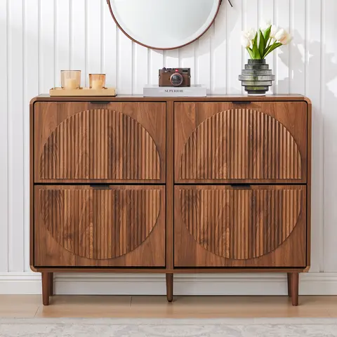 FurSch Mid-Century Modern Shoe Storage Cabinet with 2 Flip Drawers & 4 Drawers, Narrow Wooden Organizer with Round Fluted Design, Stylish Freestanding Shoe Rack for Entryway or Hallway, Minimalist Decorative Wall Mounted Shoe Cabinet