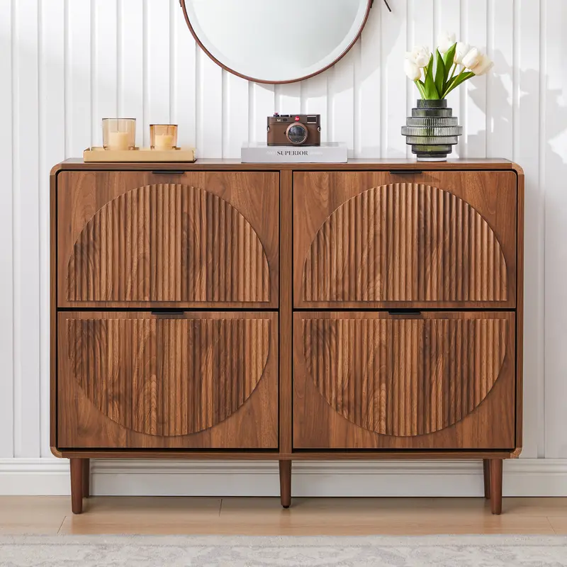 FurSch Mid-Century Modern Shoe Storage Cabinet with 2 Flip Drawers & 4 Drawers, Narrow Wooden Organizer with Round Fluted Design, Stylish Freestanding Shoe Rack for Entryway or Hallway, Minimalist Decorative Wall Mounted Shoe Cabinet