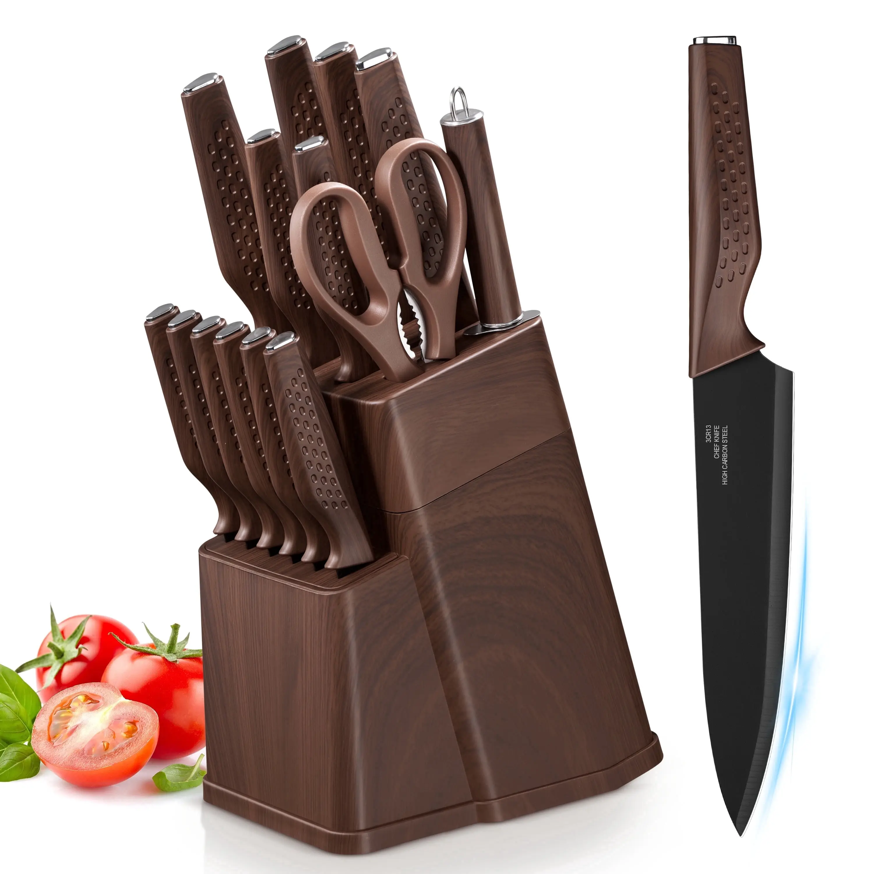 Vesteel Knife Block Set for Kitchen, 15-Piece High Carbon Stainless Steel Knives Set with Ergonomic Handle, Ultra-sharp & Rust Resistant, Walnut Brown