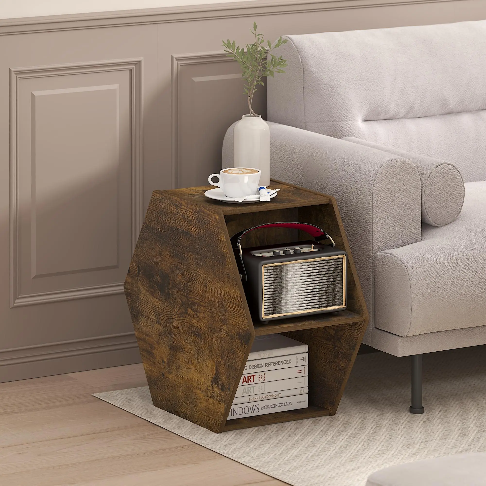 SIMPLE DESIGN Coffee Table, Hexagon Modern Coffee Table with Open Shelf, Vertical or Horizontal Side Table, for Living Room, Bedroom, Home Office, Amber Pine