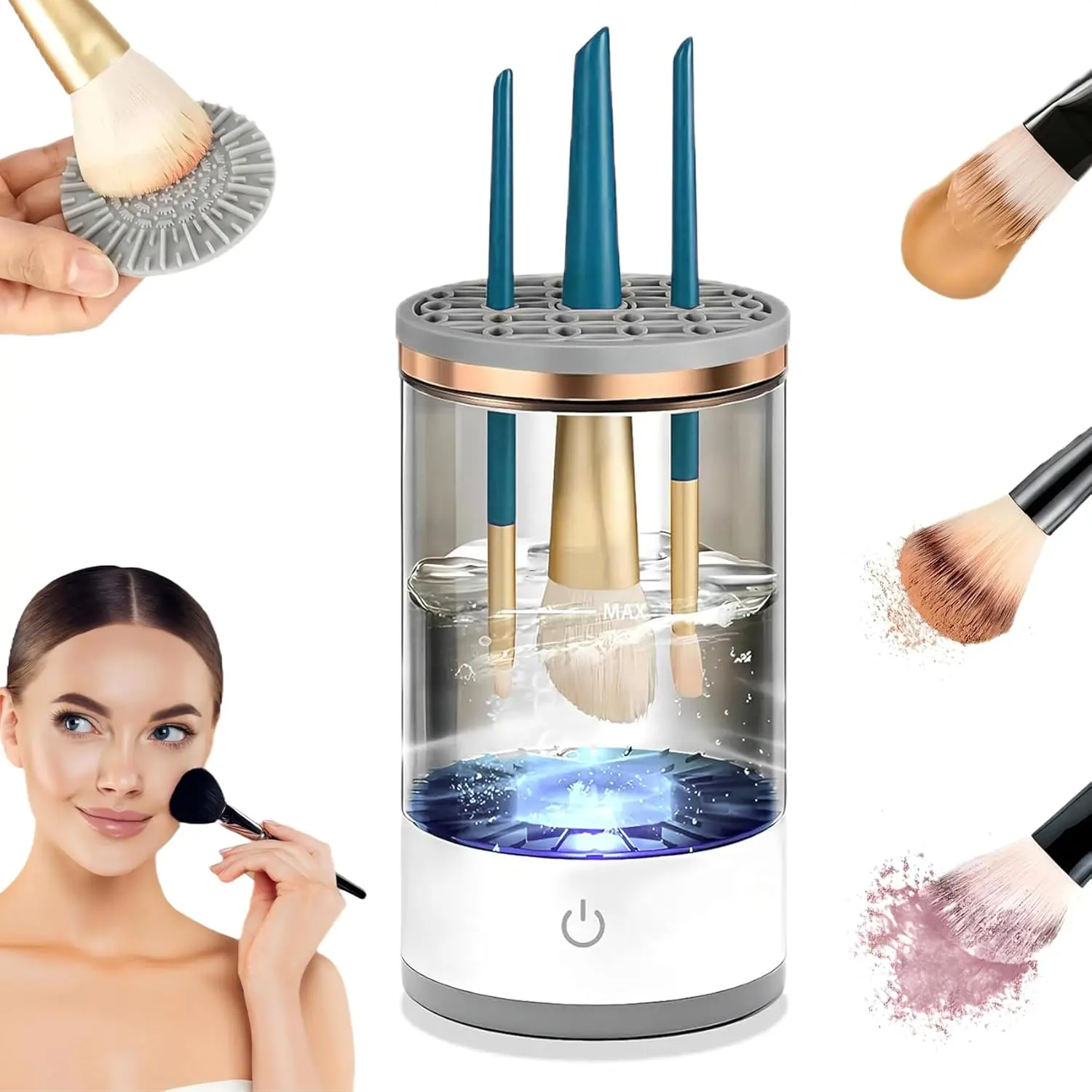 Makeup Brush Cleaner,Multi-Use Cosmetic Brush Cleaner, Automatic Spinning Makeup Brush Cleaner for All Size Makeup Brushes (White)