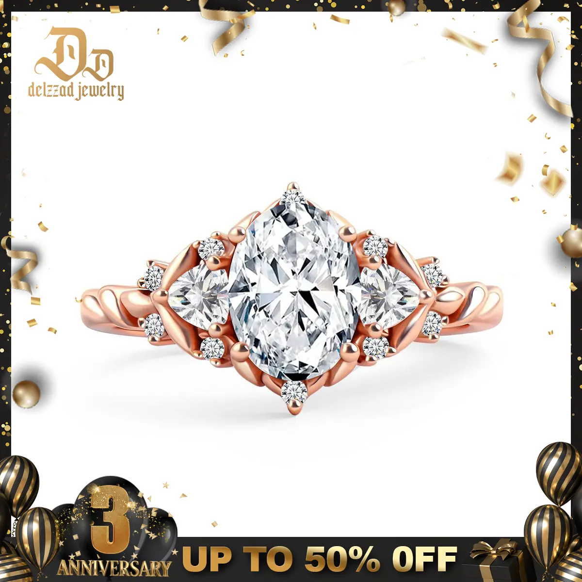 【exclusive in livestream】Delzzad 1.7ct Natural Oval Ring Twist Band Brilliant Rose Golden Engagement Wedding Ring Band D Color VVS Synthetic Moissanite Ring Jewelry S925 Perfect Birthday Engagement Wedding Anniversary Christmas Gift