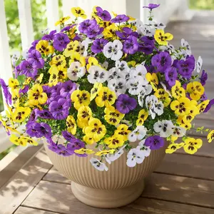 18 Bundles Artificial Flowers for Outdoors, Fake Spring Flowers for Decoration, UV Resistant Realistic Pansies with Eucalyptus Silk Faux Flowers for Porch Patio Yard, Purple Yellow White