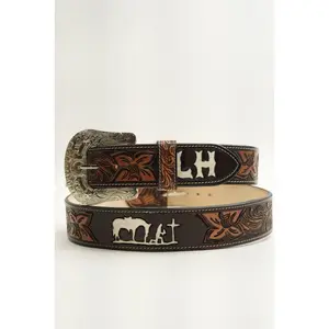 LA HERRADURA BELT 2 INCH BROWN WITH FLOWERS LH NEW DESIGN