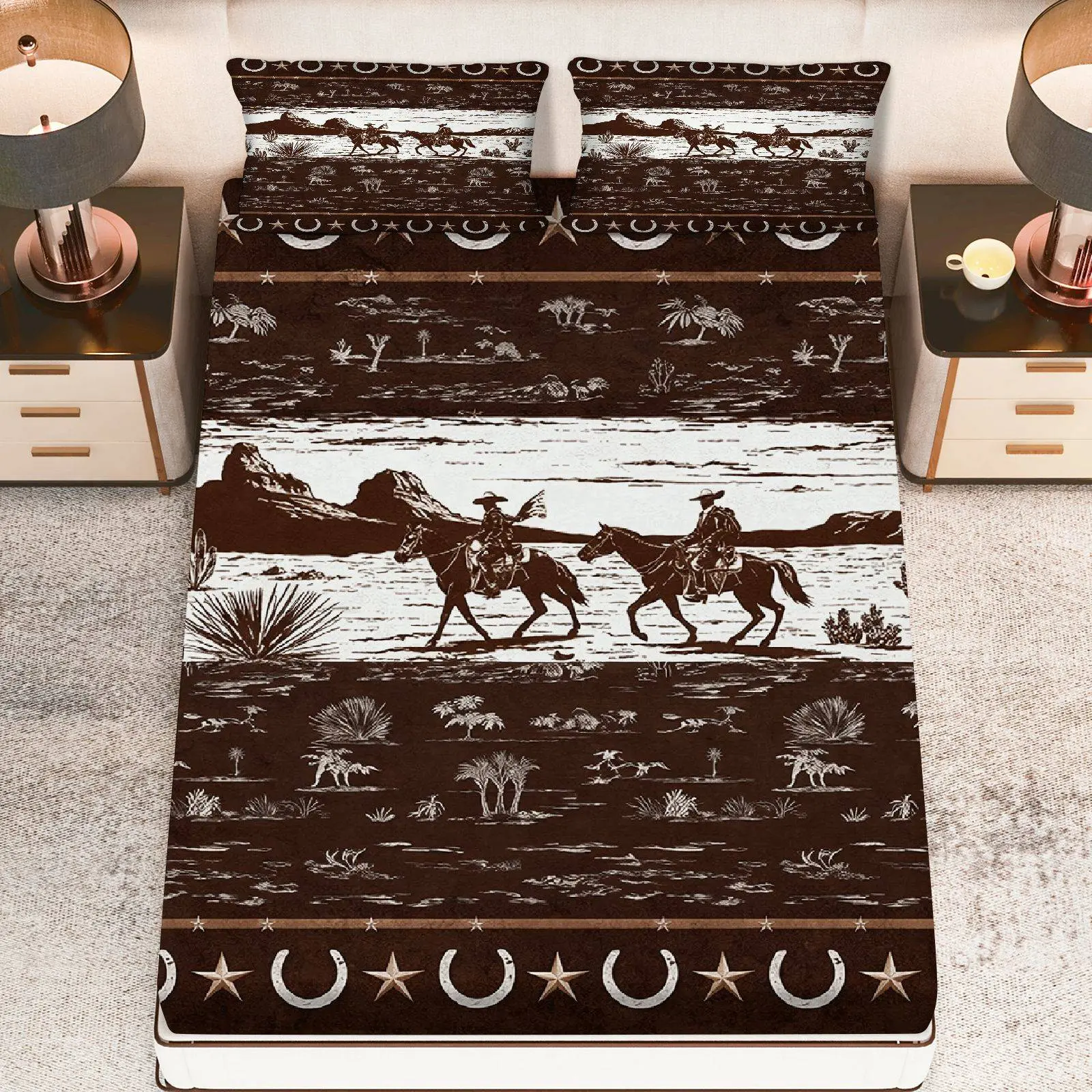 3Pcs Western Cowboy Desert Fitted Sheet Three Piece Set (1*Fitted Sheet+2*Pillowcases, Coreless), Western theme, Rustic Wild West Decor Bedding Set, Mattress protector Soft, Breathable