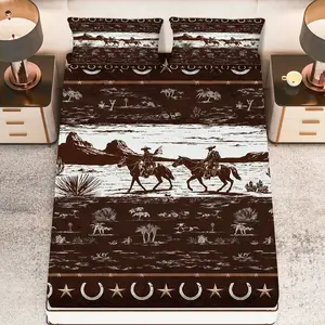 3Pcs Western Cowboy Desert Fitted Sheet Three Piece Set (1*Fitted Sheet+2*Pillowcases, Coreless), Western theme, Rustic Wild West Decor Bedding Set, Mattress protector Soft, Breathable