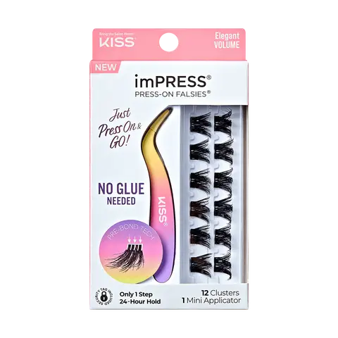 Impress Falsies Pre-Glued False Eyelashes Minipack - Elegant | 12 Lash Clusters, With Mini Applicator, 12mm-14mm