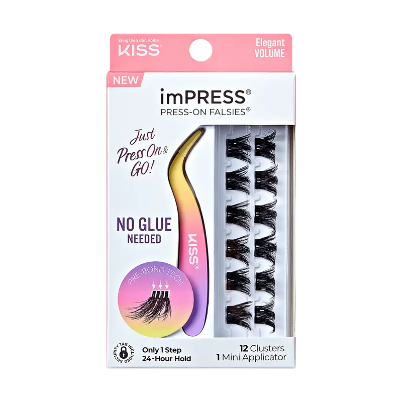 Impress Falsies Pre-Glued False Eyelashes Minipack - Elegant | 12 Lash Clusters, With Mini Applicator, 12mm-14mm