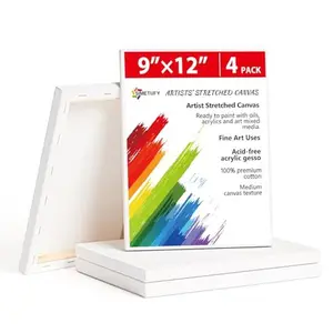 4 Pack Stretched Canvas for Painting 9x12 Inch, 100% Cotton Blank Painting Canvas for Acrylic or Oil Paint, 8oz Pre-Primed, 5/8 Inch Profile